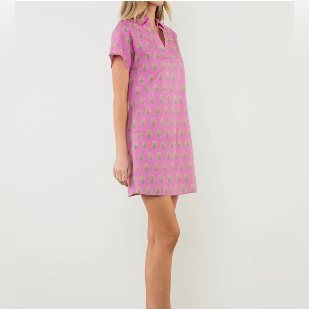 THML short-sleeve collared dress in a vibrant pink and yellow floral